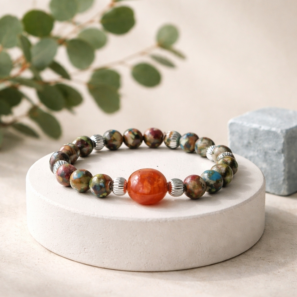 Imperial Jasper, Colorful Beaded Bracelet with Silver Accents And A Unique Focal